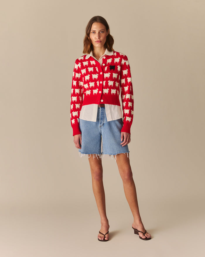 Charlotte Cotton Cropped Sheep Cardigan RED Red / XL