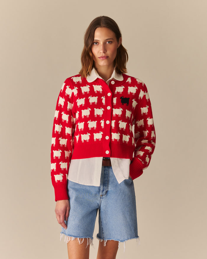 Charlotte Cotton Cropped Sheep Cardigan RED Red / XL