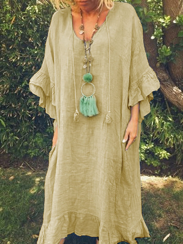 Cotton and Linen Ruffled Loose Casual Dress