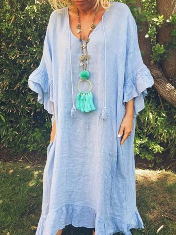 Cotton and Linen Ruffled Loose Casual Dress