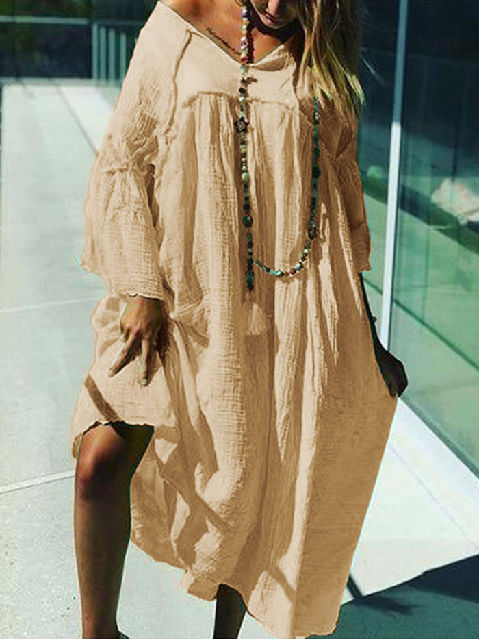 Cotton and Linen V-neck Loose Casual Dress