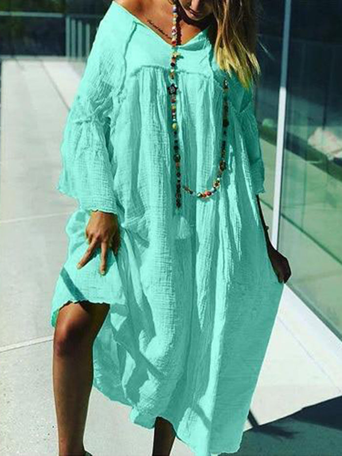 Cotton and Linen V-neck Loose Casual Dress