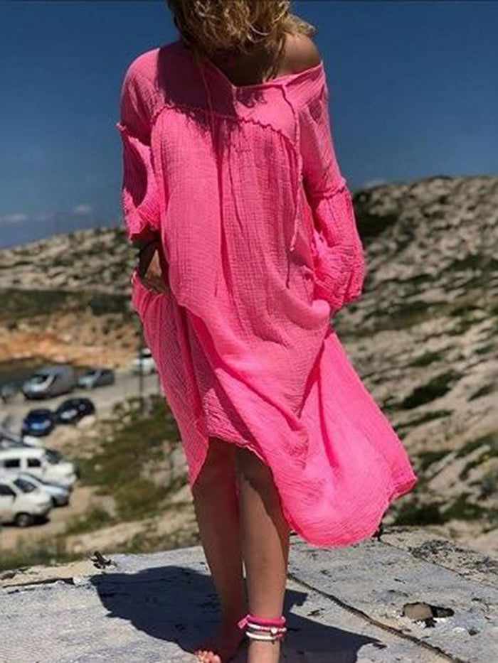 Cotton and Linen V-neck Loose Casual Dress
