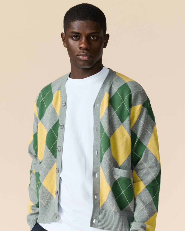 Cotton Argyle Cardigan Grey Argyle