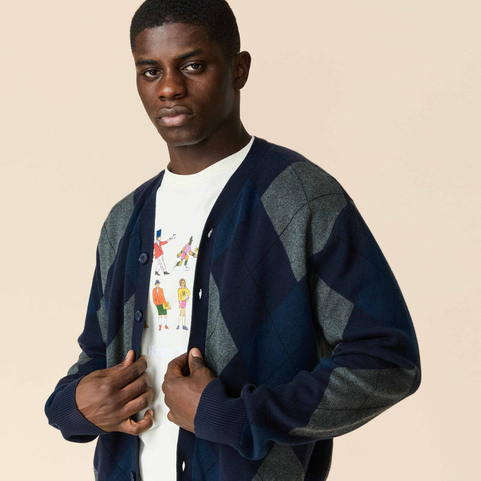 Cotton Argyle Cardigan Navy Argyle