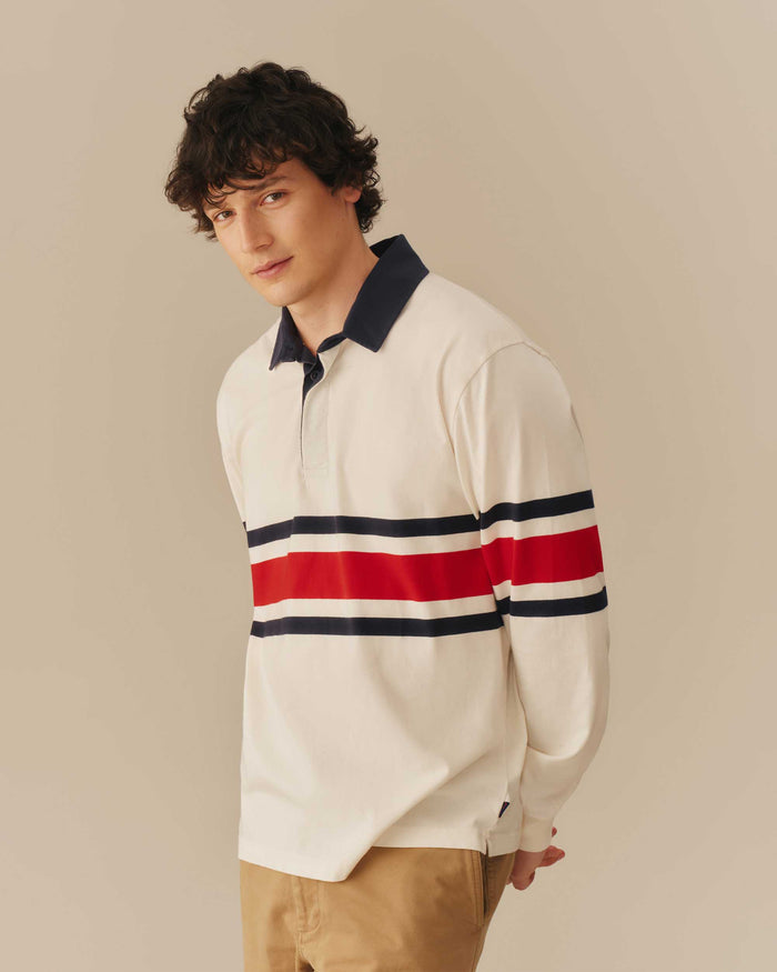 Cotton Center Stripe Pieced Rugby Red & Navy