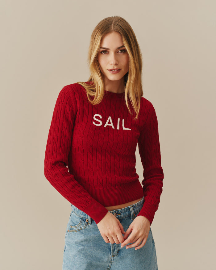 Cotton Crew Cable Knit Sweater Red