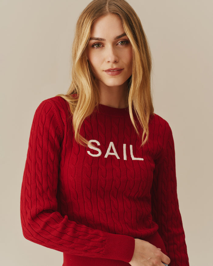 Cotton Crew Cable Knit Sweater Red