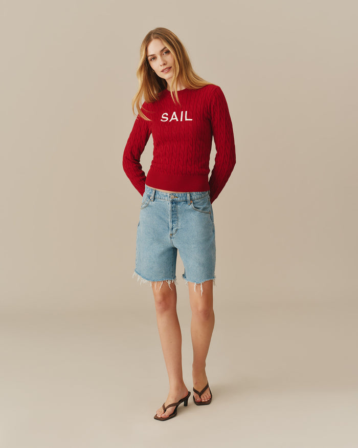 Cotton Crew Cable Knit Sweater Red