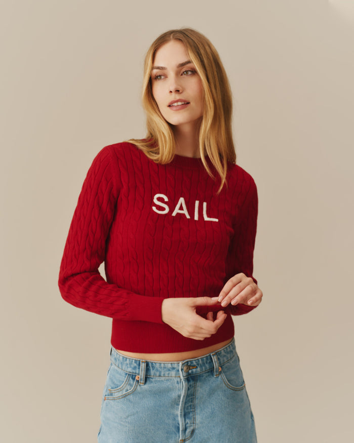 Cotton Crew Cable Knit Sweater Red