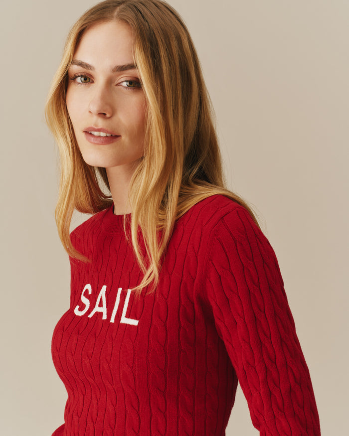 Cotton Crew Cable Knit Sweater Red