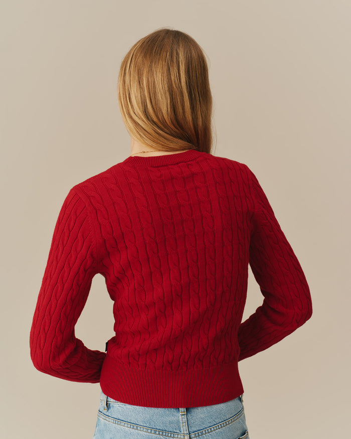 Cotton Crew Cable Knit Sweater Red