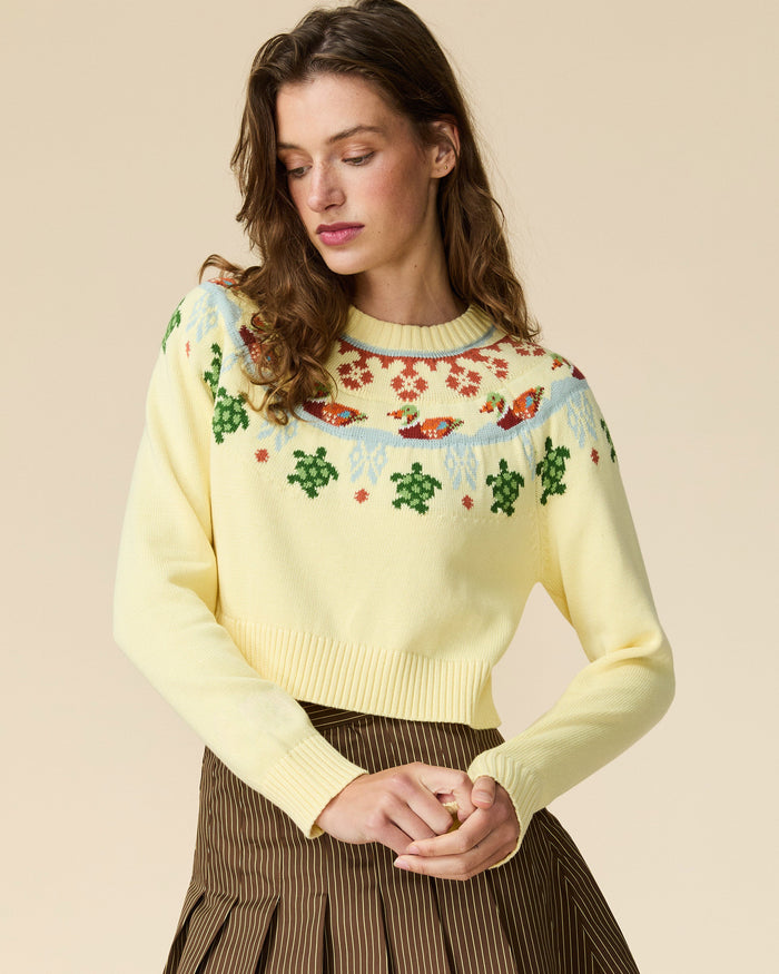Cotton Fairisle Cropped Sweater Yellow