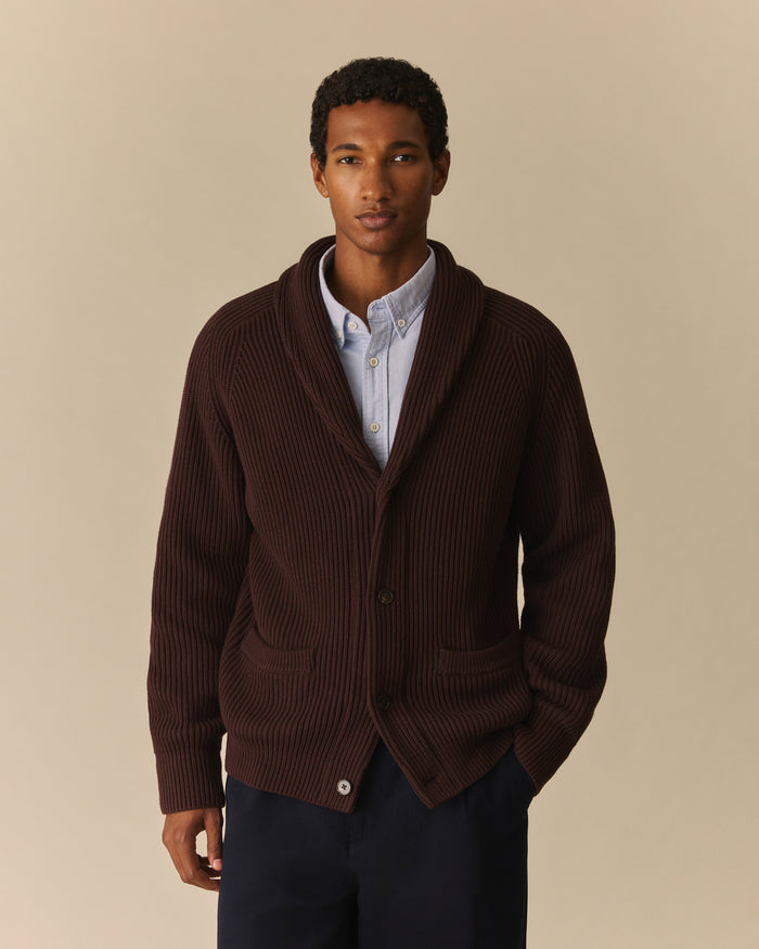 Cotton Fisherman Shawl Cardigan Brown Brown / XL