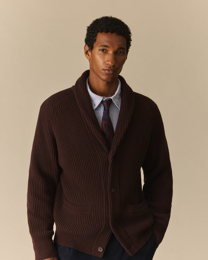 Cotton Fisherman Shawl Cardigan Brown Brown / XL