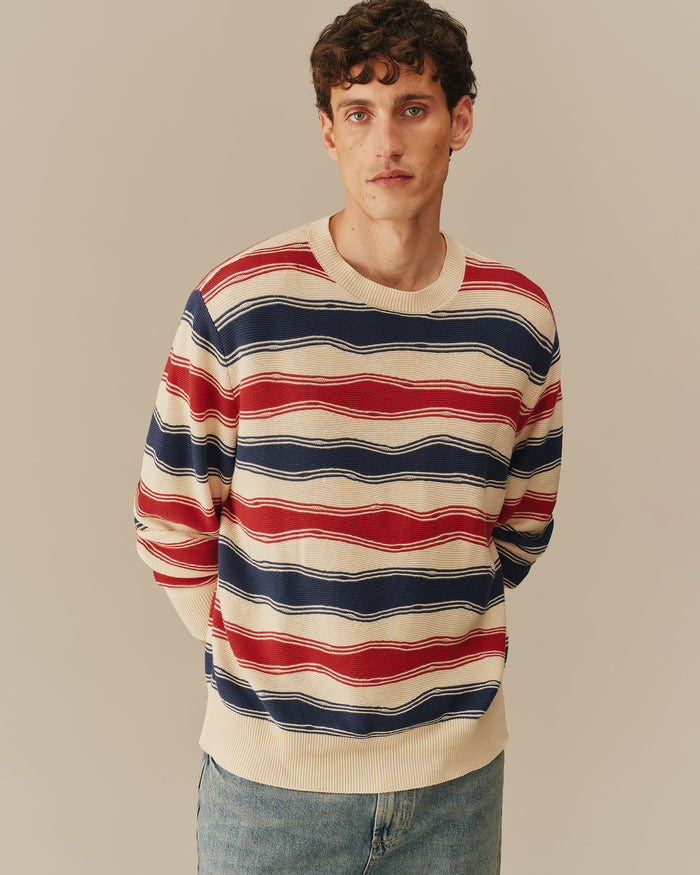 Cotton Linen Striped Crewneck Sweater Red, White & Navy
