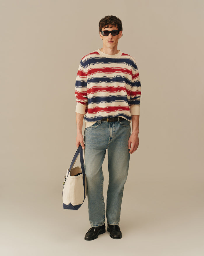 Cotton Linen Striped Crewneck Sweater Red, White & Navy