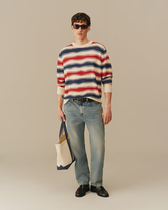 Cotton Linen Striped Crewneck Sweater Red, White & Navy