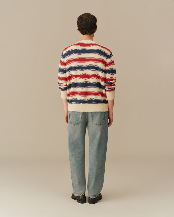 Cotton Linen Striped Crewneck Sweater Red, White & Navy