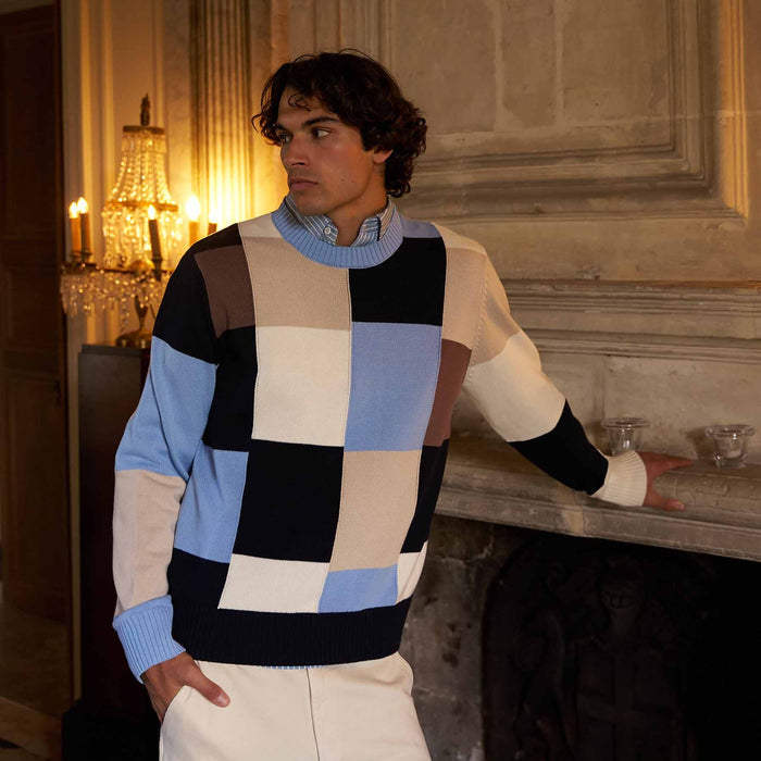 Cotton Patchwork Sweater Blue Patchwork