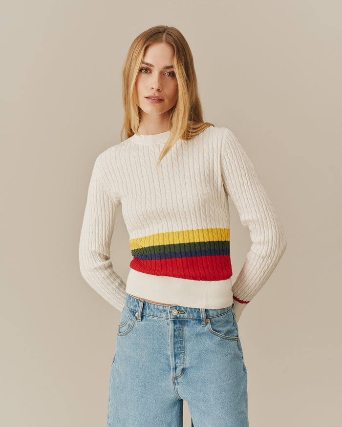 Cotton Primary Stripe Cable Knit Sweater Multi-Color