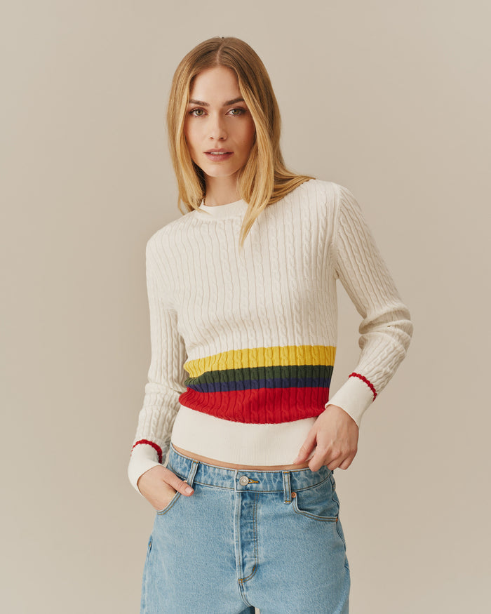 Cotton Primary Stripe Cable Knit Sweater Multi-Color