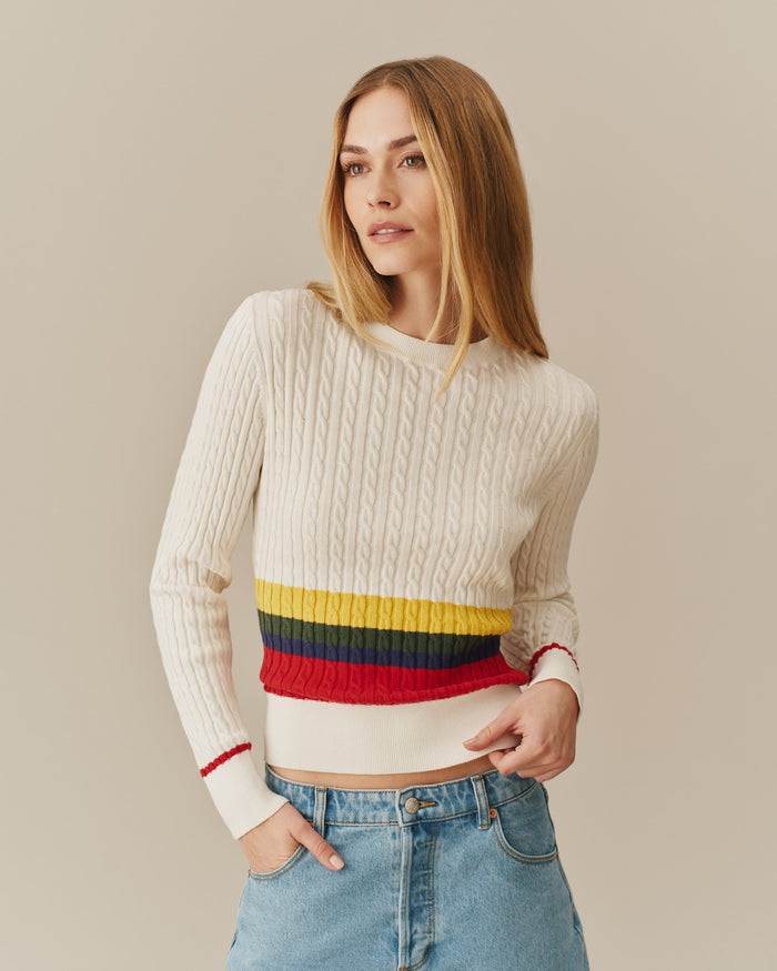 Cotton Primary Stripe Cable Knit Sweater Multi-Color