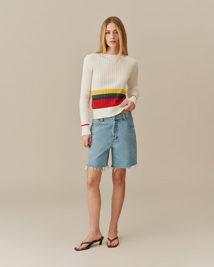 Cotton Primary Stripe Cable Knit Sweater Multi-Color
