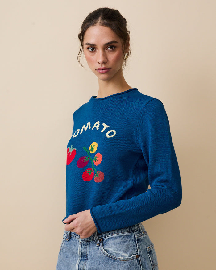 Cotton Ramie Tomato Sweater Blue