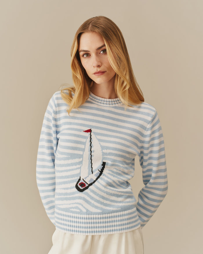 Cotton Sailboat Striped Sweater Blue & White