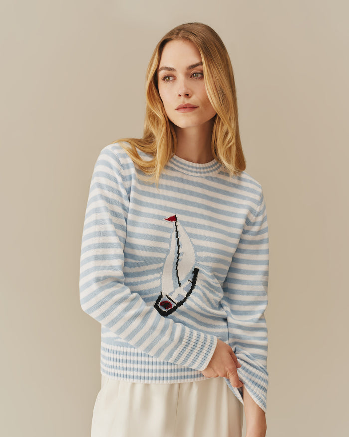 Cotton Sailboat Striped Sweater Blue & White