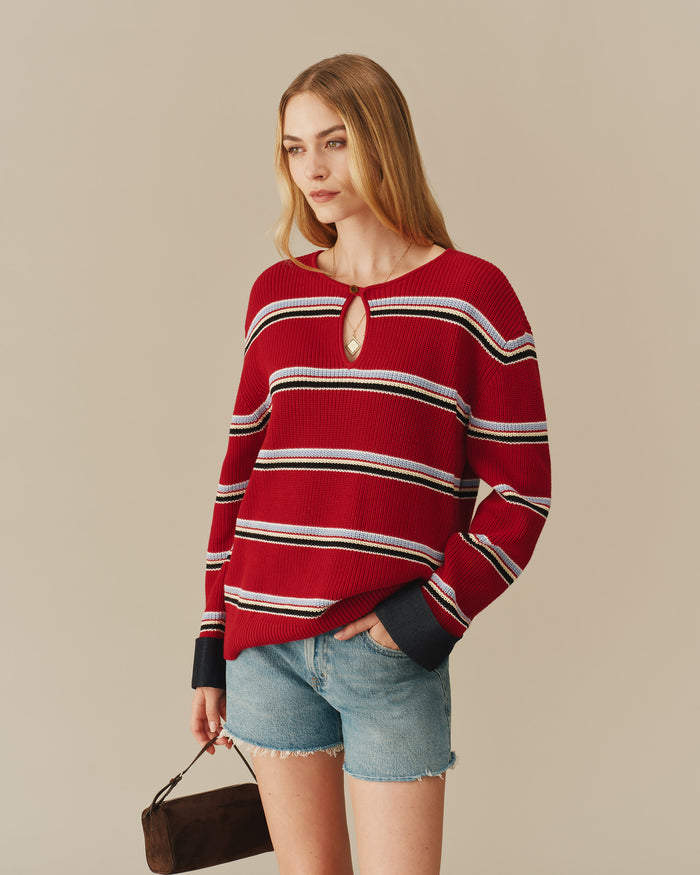 Cotton Striped Keyhole Sweater with Denim Red