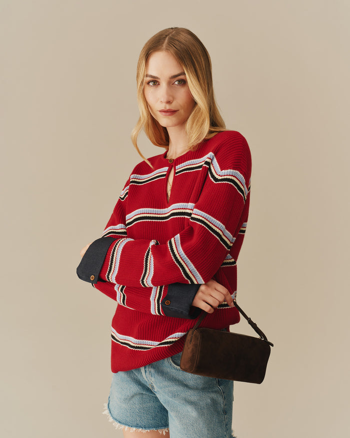 Cotton Striped Keyhole Sweater with Denim Red