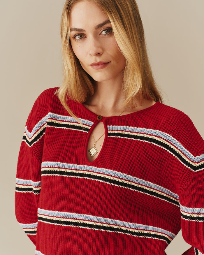 Cotton Striped Keyhole Sweater with Denim Red
