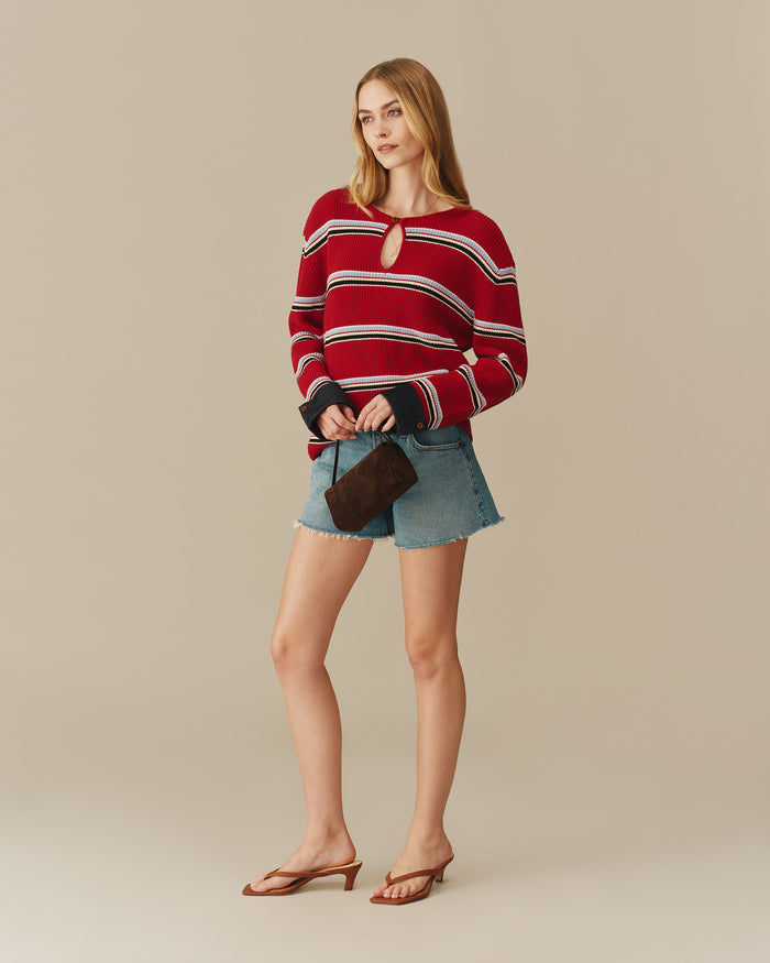 Cotton Striped Keyhole Sweater with Denim Red
