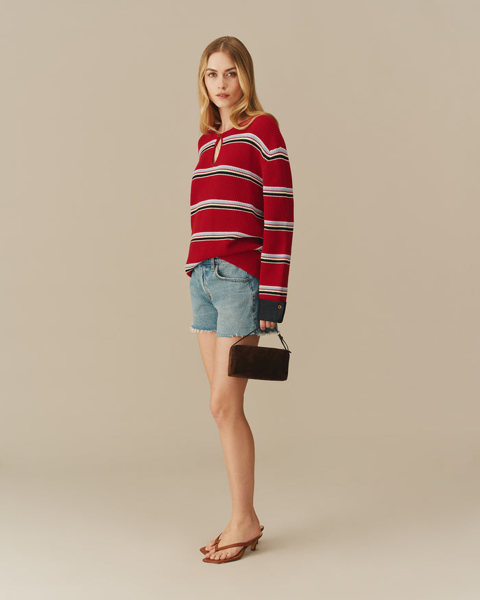 Cotton Striped Keyhole Sweater with Denim Red