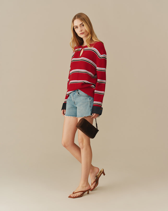 Cotton Striped Keyhole Sweater with Denim Red
