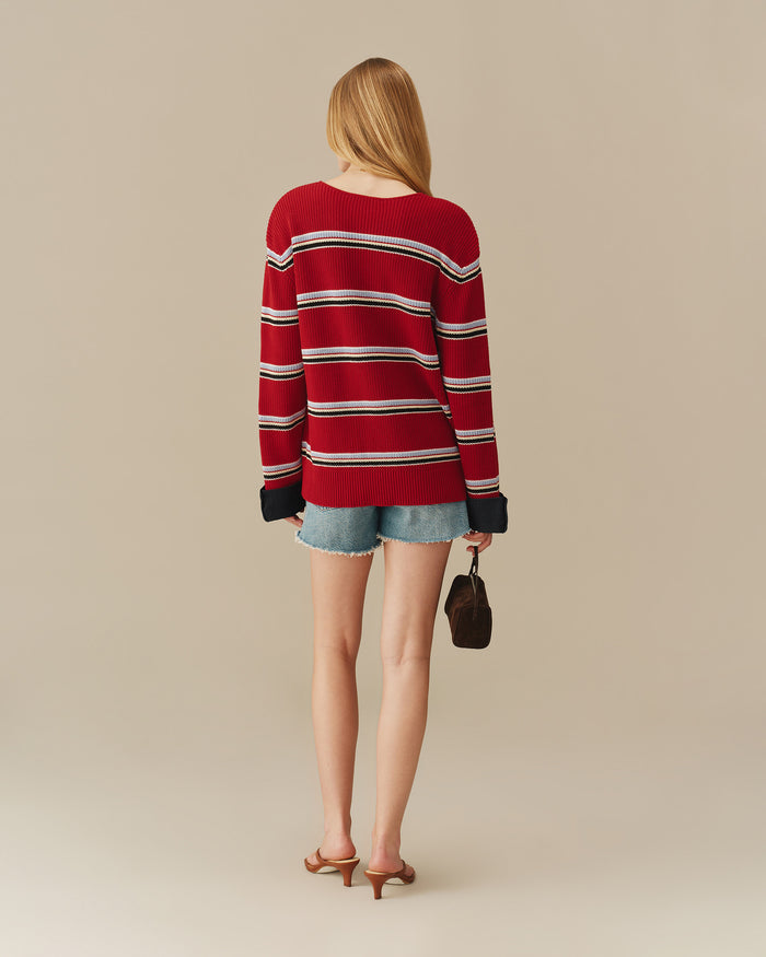 Cotton Striped Keyhole Sweater with Denim Red