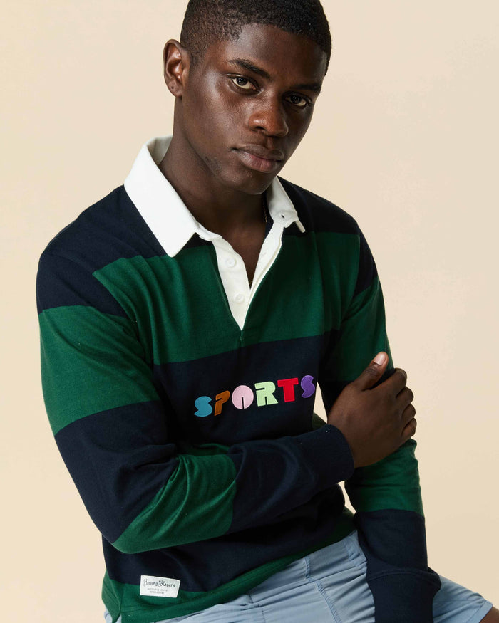 Cotton Striped Sports Retro Rugby Navy Block Stripe
