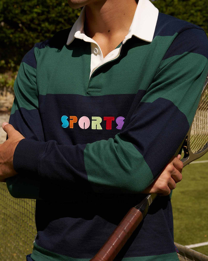 Cotton Striped Sports Retro Rugby Navy Block Stripe