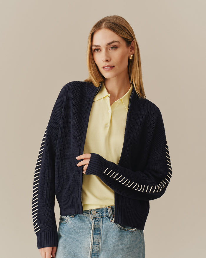 Cropped Zip Through Sweater Navy