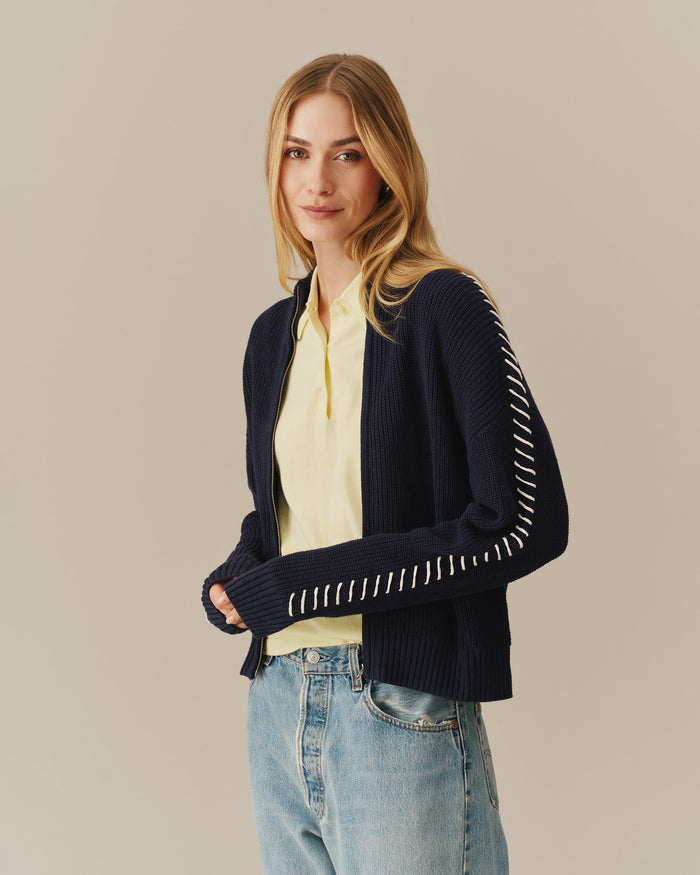 Cropped Zip Through Sweater Navy