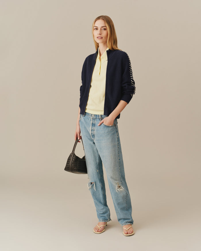 Cropped Zip Through Sweater Navy