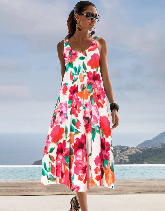 Roidal Dahlia Midi Beach Dress - Pink Floral - Simply Beach UK