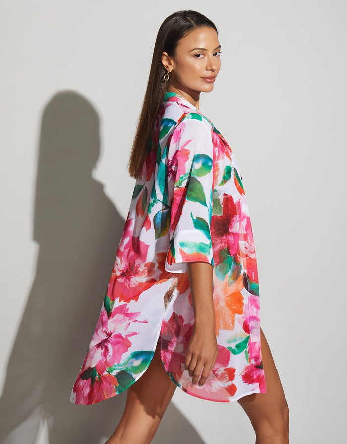 Roidal Dahlia Mini Beach Shirt - Pink Floral - Simply Beach UK