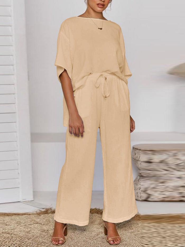 Daily Simple Casual Loose Short Sleeve Top Pants Suit