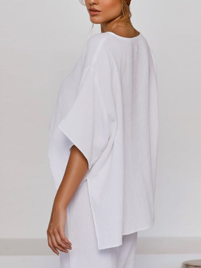 Daily Simple Casual Loose Short Sleeve Top Pants Suit