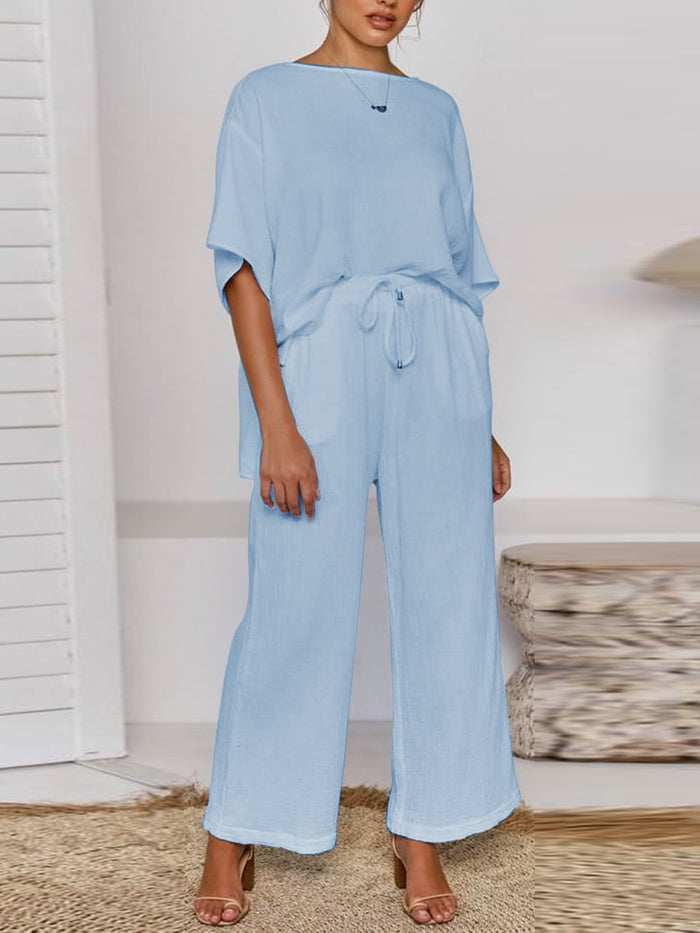 Daily Simple Casual Loose Short Sleeve Top Pants Suit
