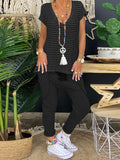 Deep V-Neck Short Sleeve Striped Print Tops Loose Pants Women'S Suit