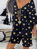 Deep V-Neck Star Print Shorts Set